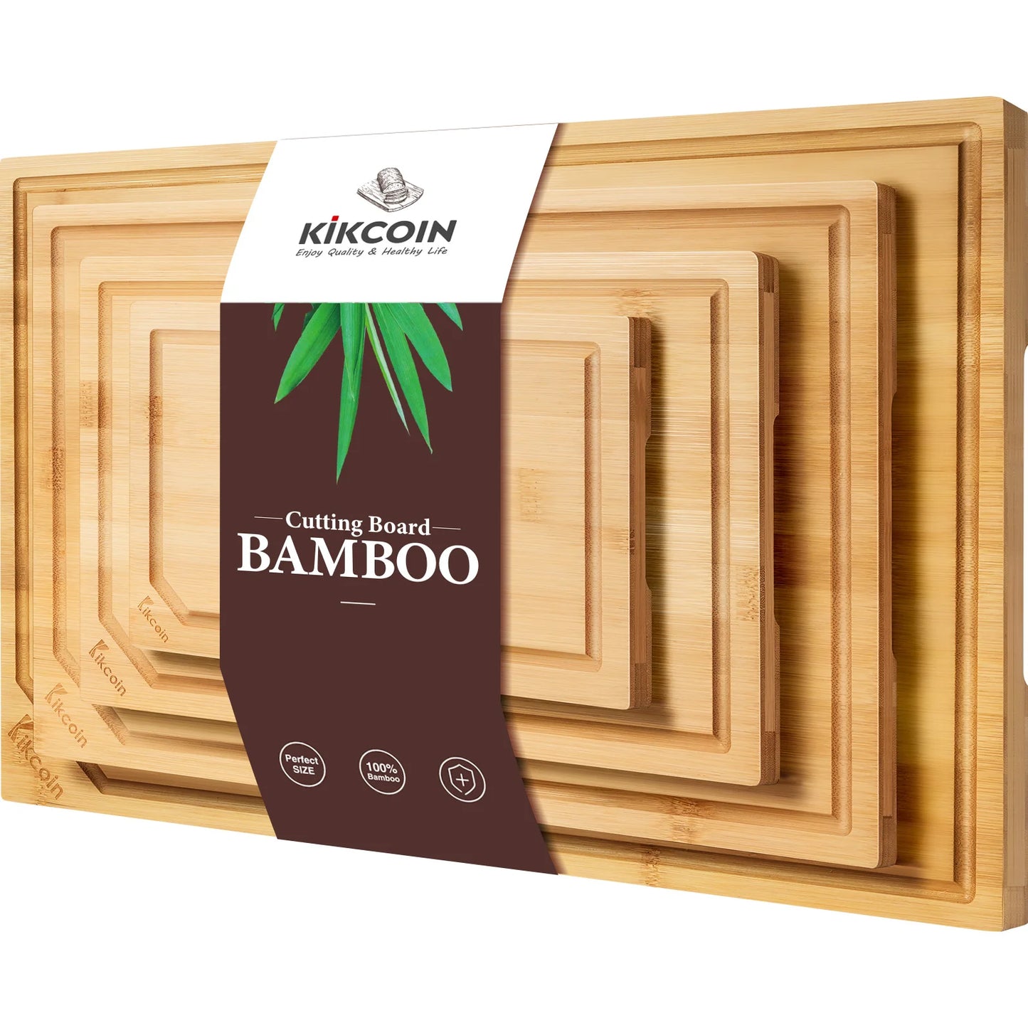 4-Piece Extra Large Kitchen Bamboo Cutting Board Set, Juice Groove, inner handle design.