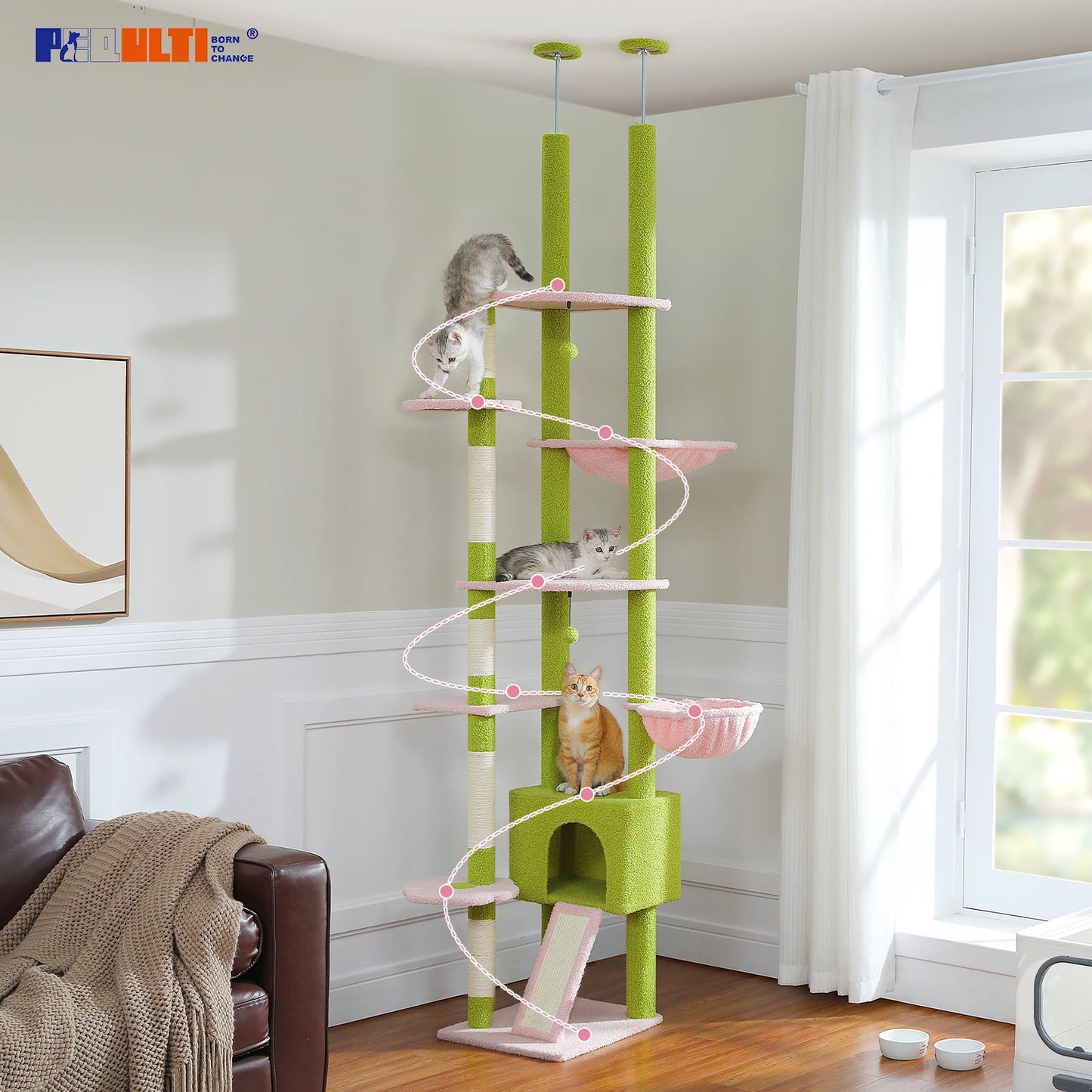 Cat Tree, Floor to Ceiling Cat Tower, Adjustable Height