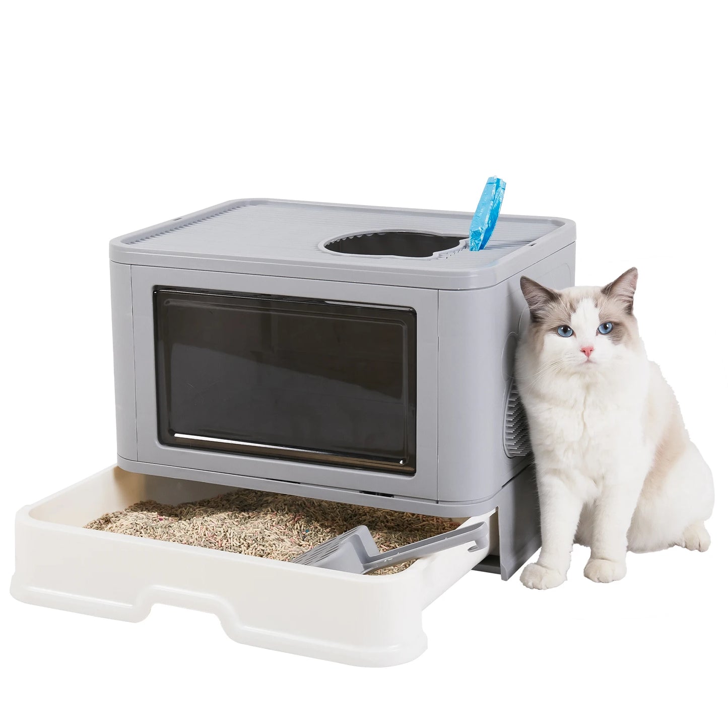 Foldable Cat Litter Box, Front Entry & Top Exit, with Litter Scoop