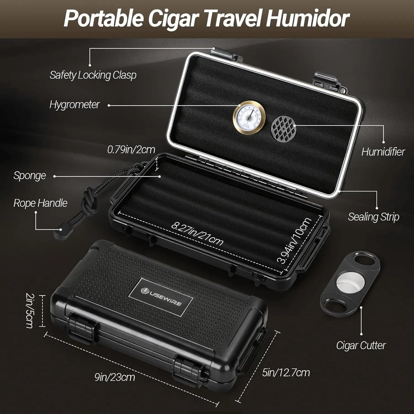 Portable Cigar Travel Humidor and Cigar Set, Humidifier, Hygrometer, Cutter, Lighter