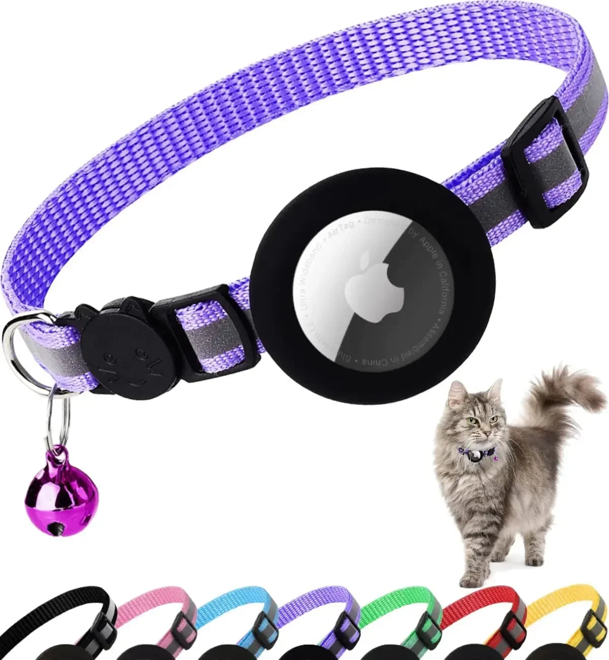 Pet Apple Airtag Cat Collar, Breakaway, Reflective, Air Tag Holder and Bell