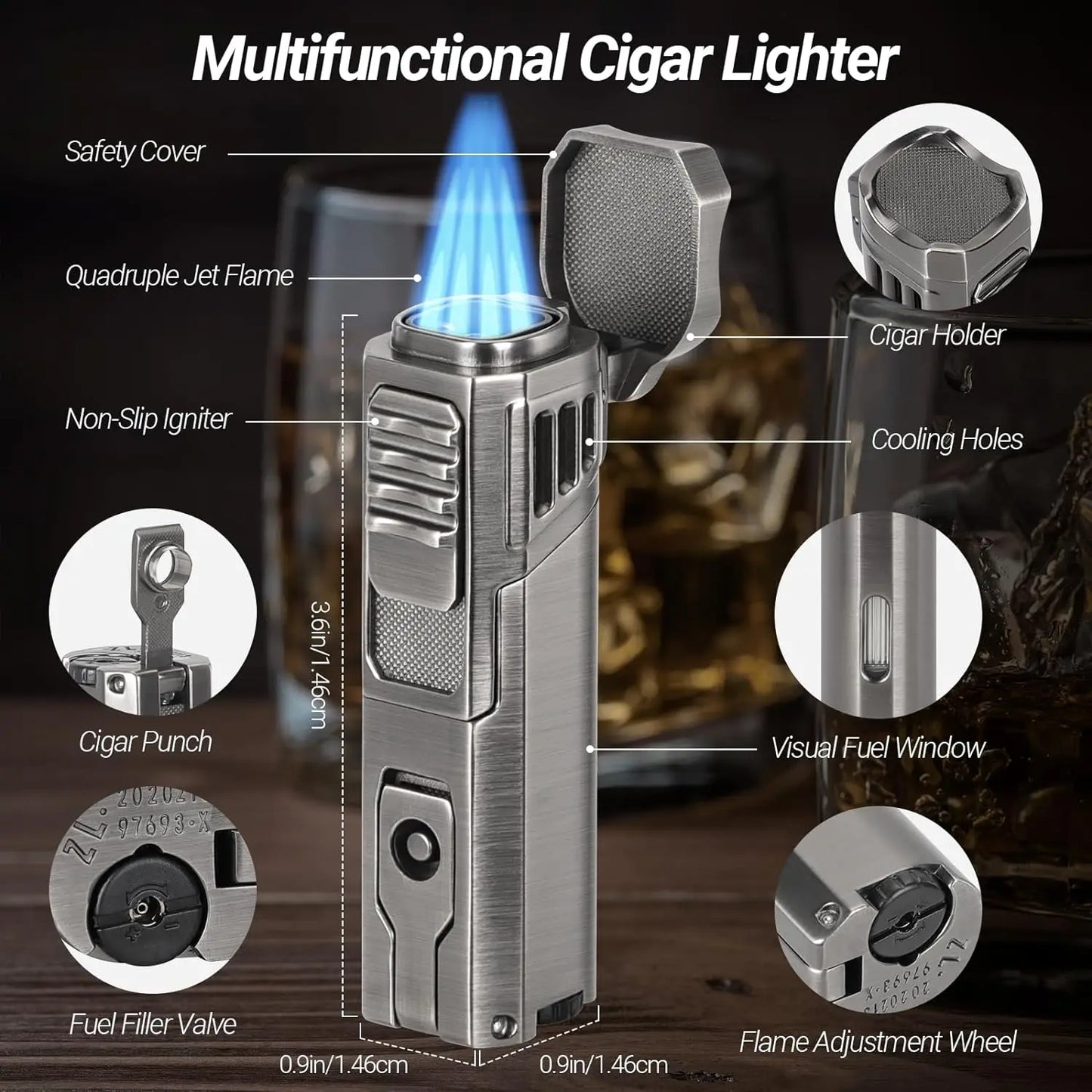 Portable Cigar Travel Humidor and Cigar Set, Humidifier, Hygrometer, Cutter, Lighter