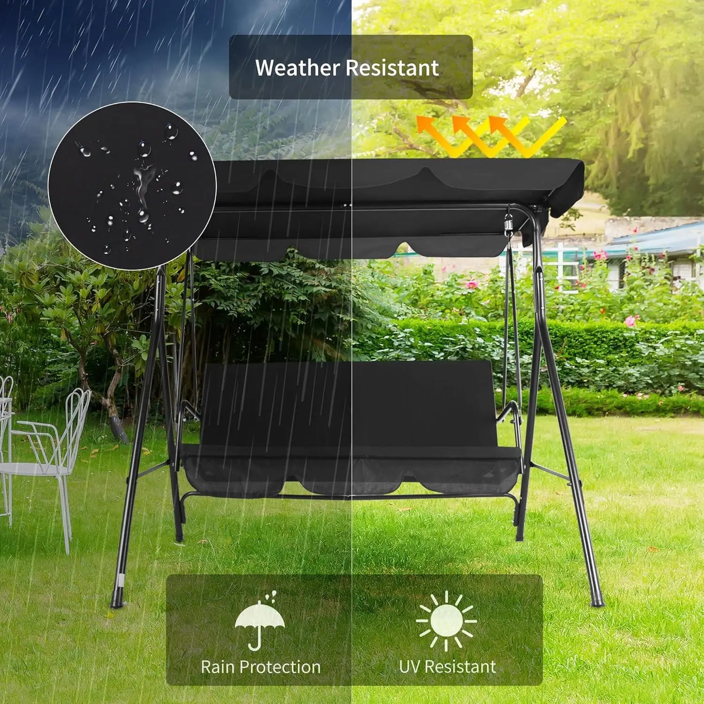 3-Seat Black Patio Swing Chair, Adjustable Canopy, Durable Steel Frame, Patio, Garden, Poolside