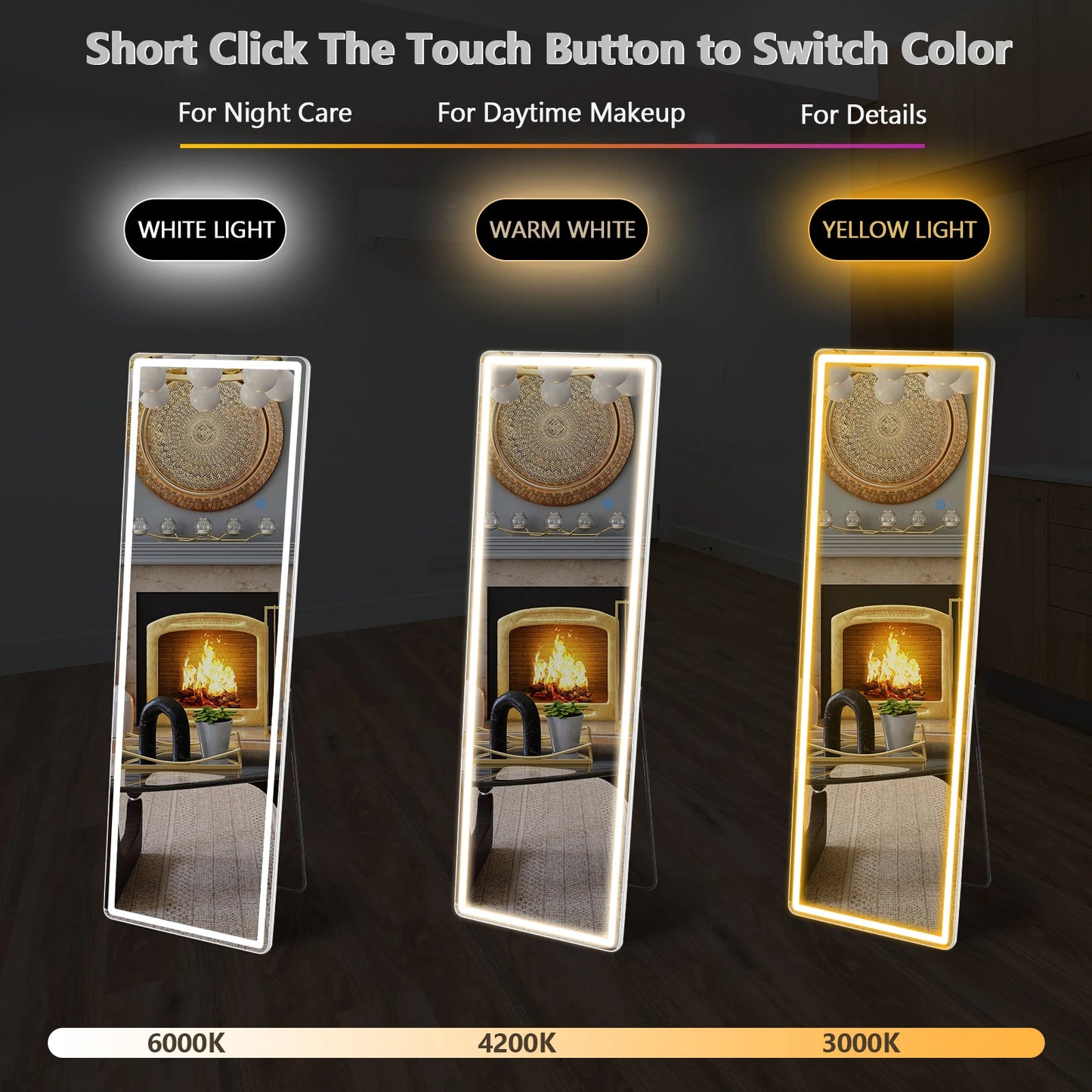 Full Length Standing or Wall-Mounted Mirror, Alloy Frame, Led, 64"x21"