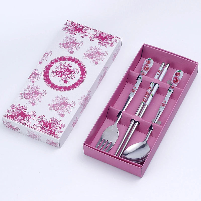 3PC Set of Red and White Porcelain Stainless Chopsticks Spoon Fork
