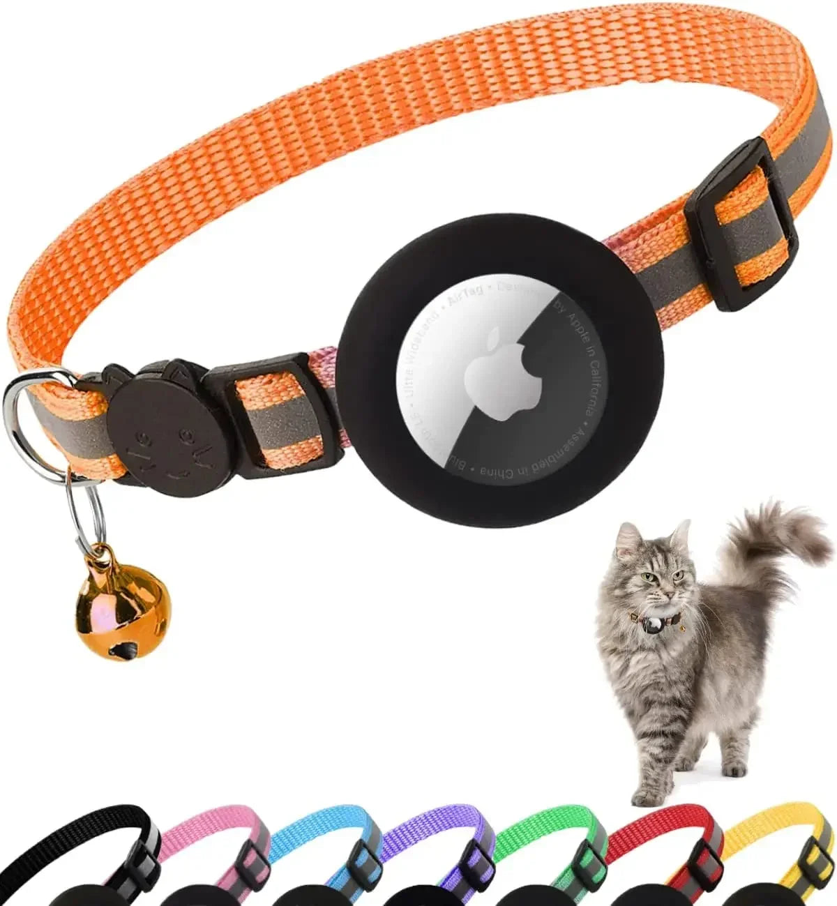 Pet Apple Airtag Cat Collar, Breakaway, Reflective, Air Tag Holder and Bell