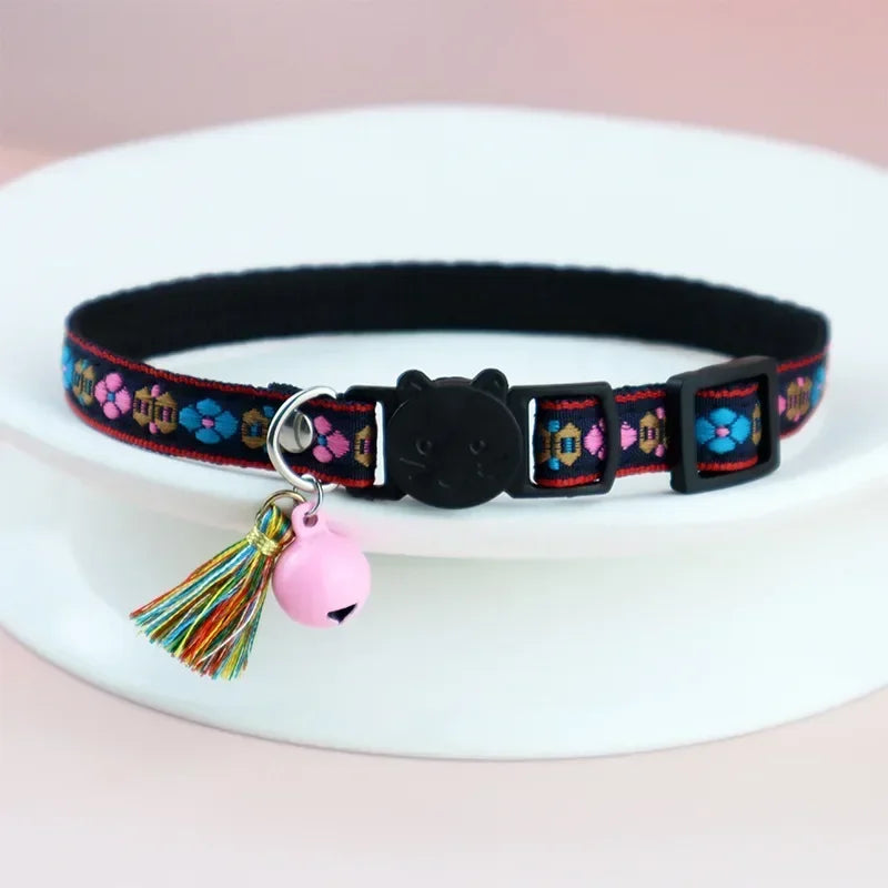 Adjustable Cat Collar, Tassels and Bells, Embellished, Colorful Plaid Jacquard Pattern, Cat and Dog