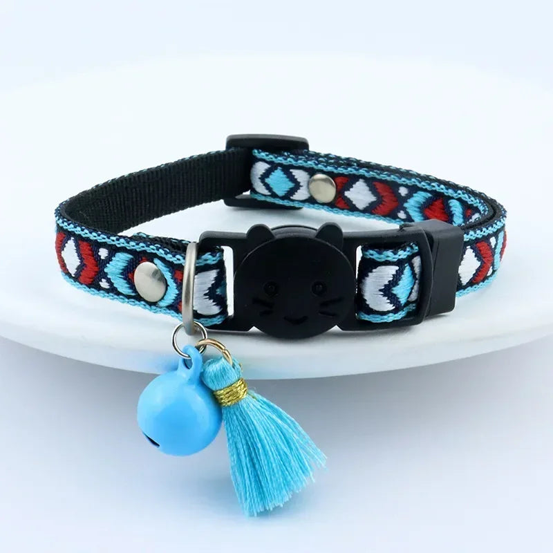 Adjustable Cat Collar, Tassels and Bells, Embellished, Colorful Plaid Jacquard Pattern, Cat and Dog
