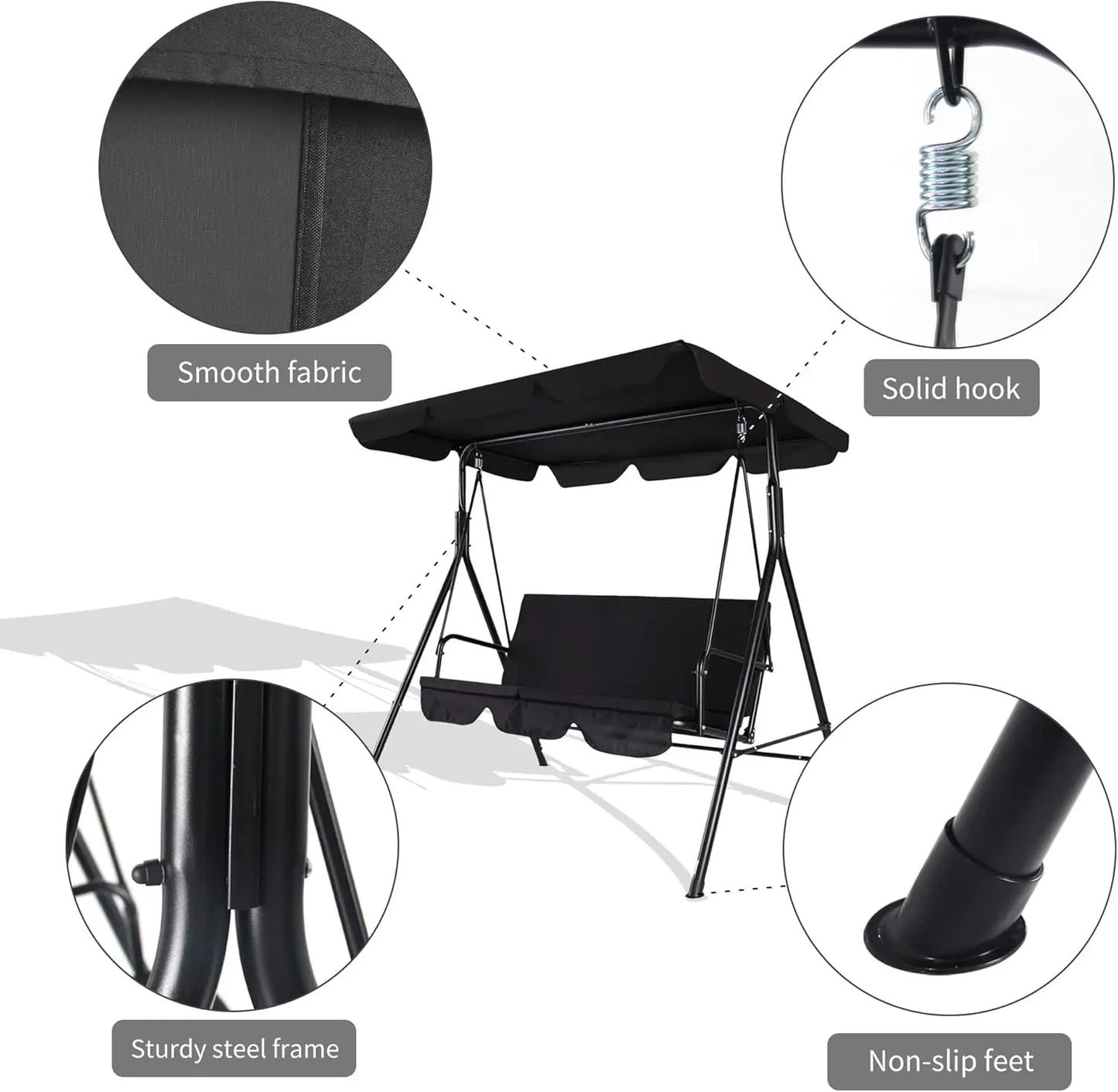 3-Seat Black Patio Swing Chair, Adjustable Canopy, Durable Steel Frame, Patio, Garden, Poolside