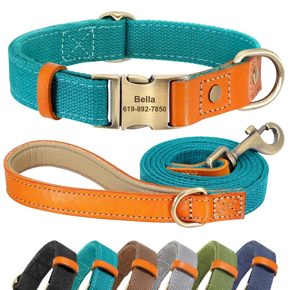 Nylon Custom Dog Collar and Leash Set, Nameplate ID Tag, Genuine Leather