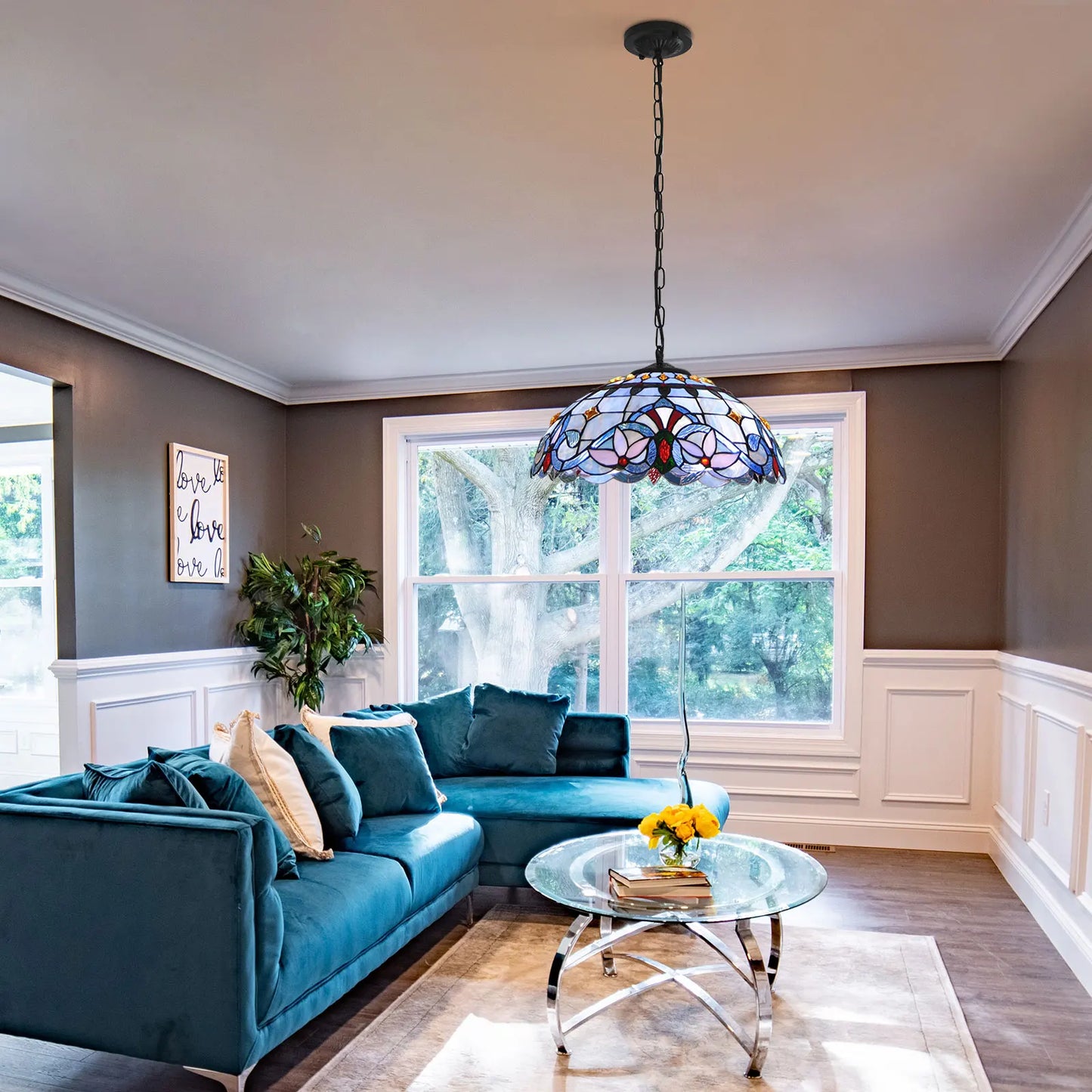 Stained Glass Hanging Ceiling Light, Adjustable Height