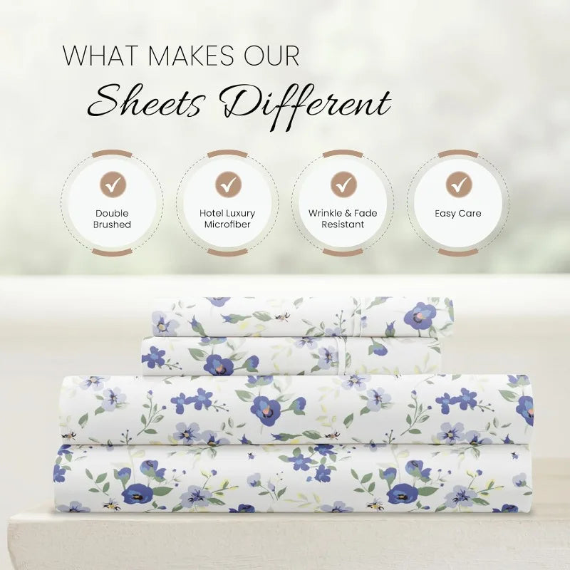 4-Piece Queen Sheet Set (Light Blue Floral) - Ultra-Soft & Cooling