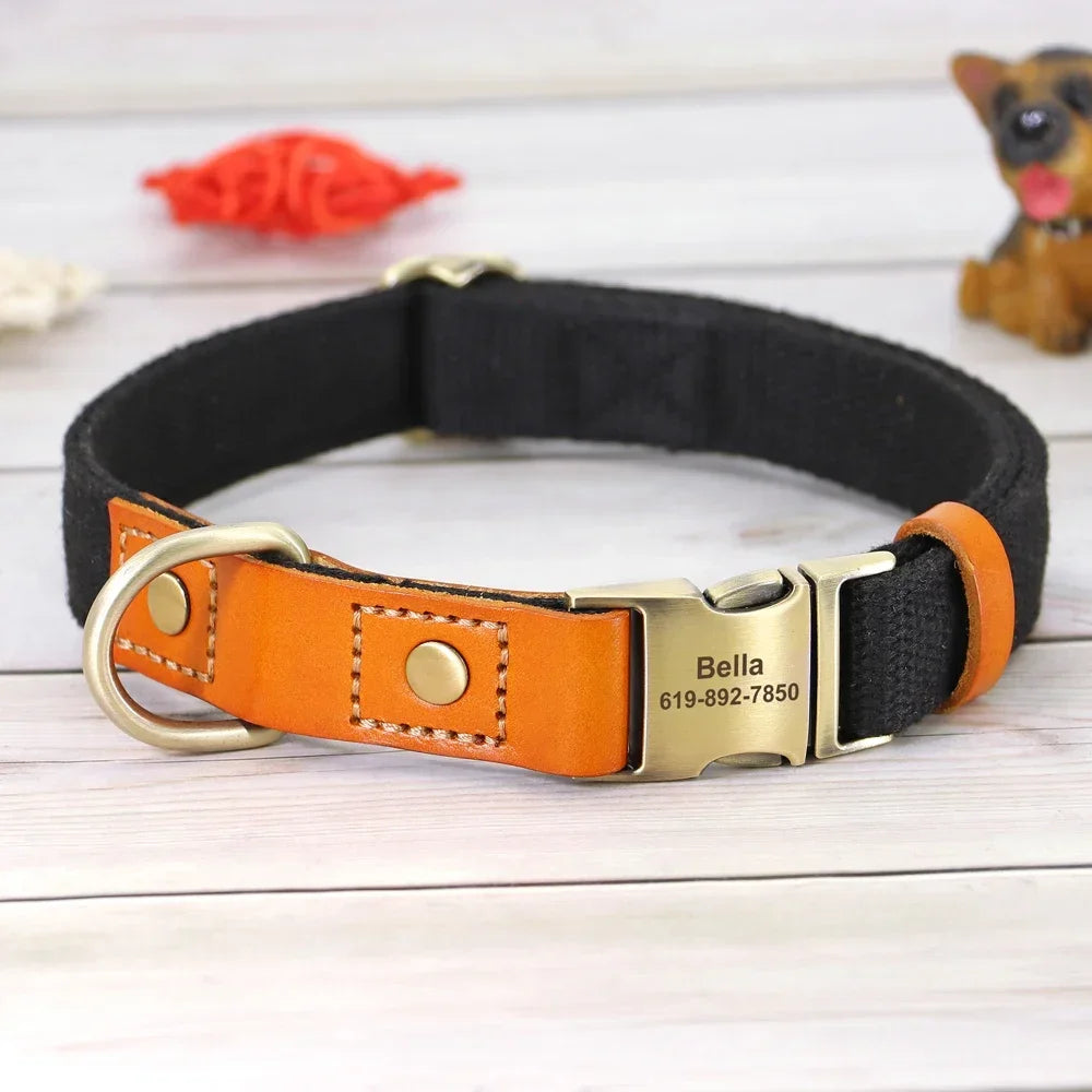 Nylon Custom Dog Collar and Leash Set, Nameplate ID Tag, Genuine Leather