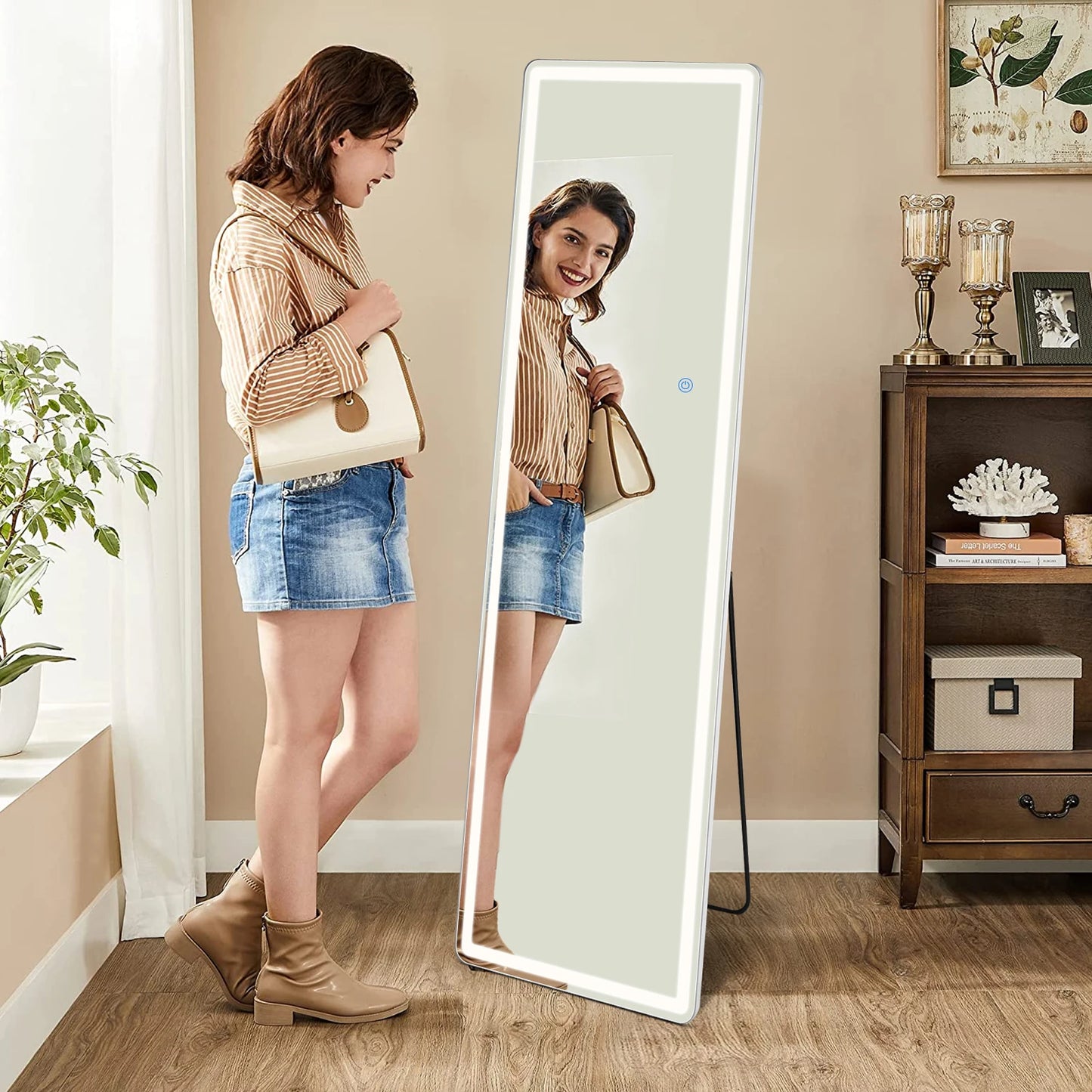 Full Length Standing or Wall-Mounted Mirror, Alloy Frame, Led, 64"x21"