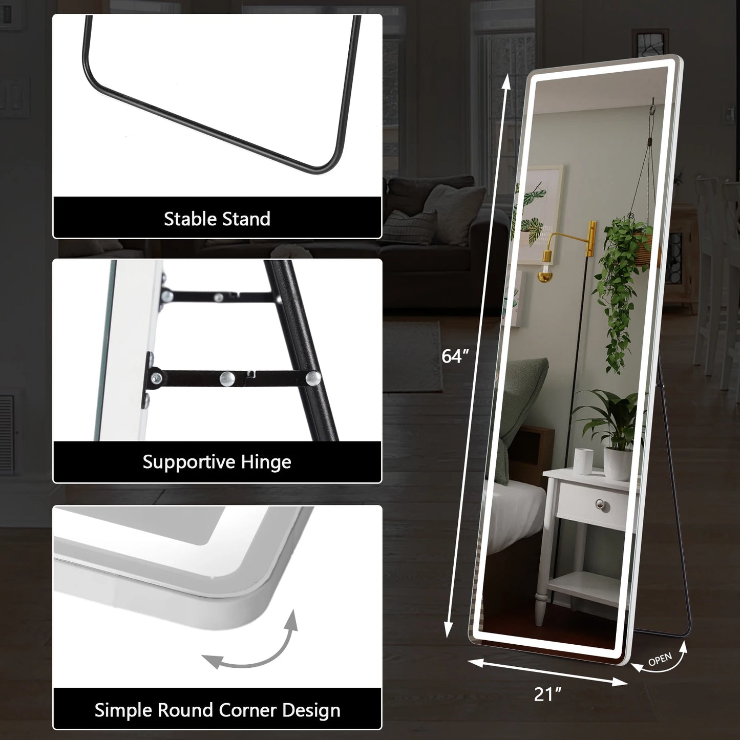 Full Length Standing or Wall-Mounted Mirror, Alloy Frame, Led, 64"x21"
