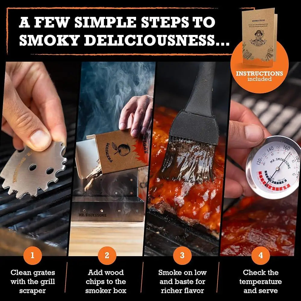 Wood Smoked BBQ Grill Set, 12 Pcs Smoker Box Grill Accessories, Stainless Steel, Meat Thermometer and Chips