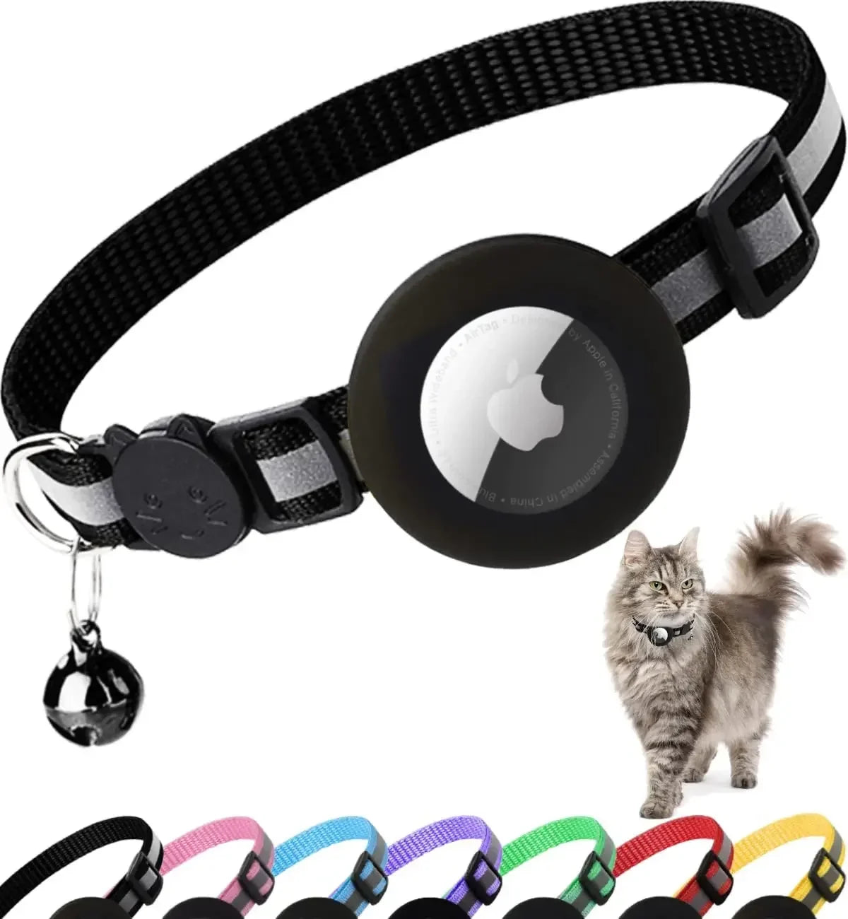 Pet Apple Airtag Cat Collar, Breakaway, Reflective, Air Tag Holder and Bell
