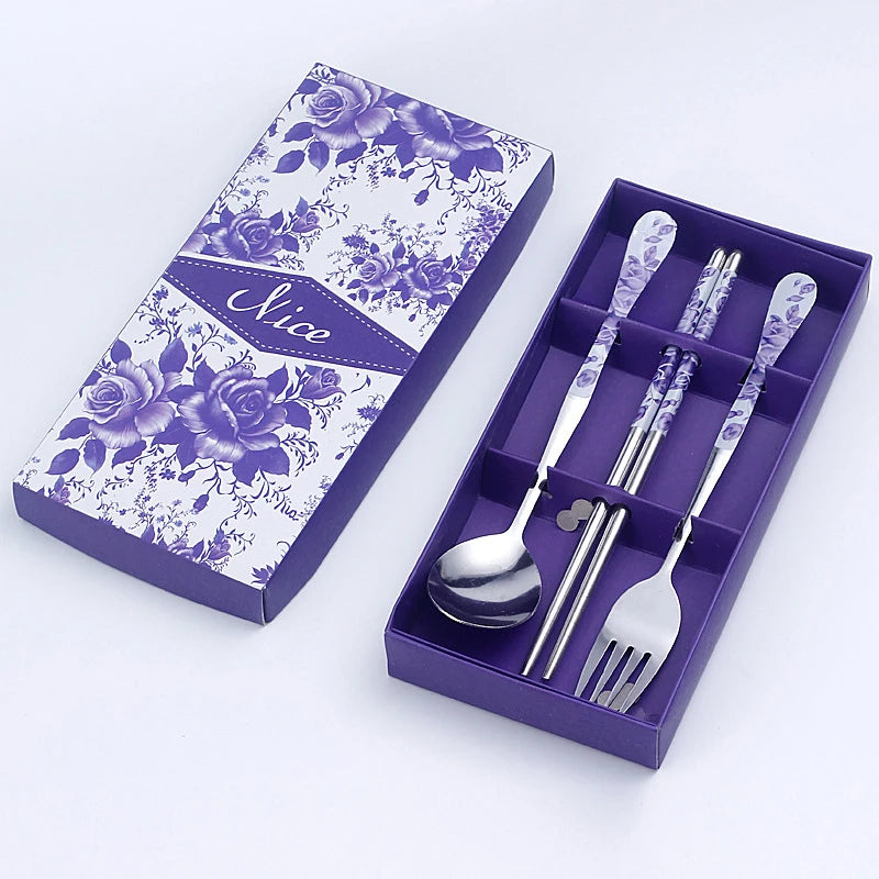 3PC Set of Red and White Porcelain Stainless Chopsticks Spoon Fork