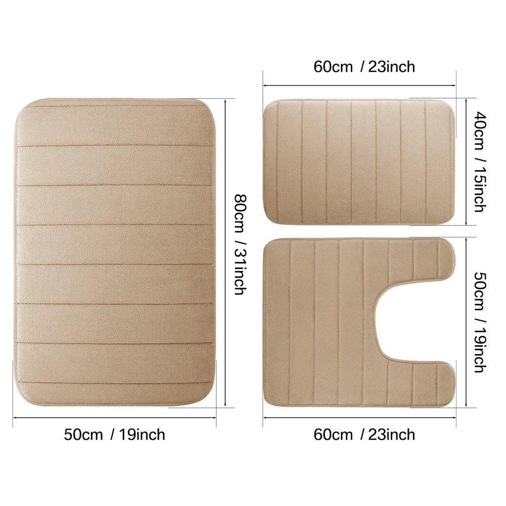 3Pc Set Bath Mats Non-Slip Memory Foam Bathroom Mats, Water Absorption, Dry Fast