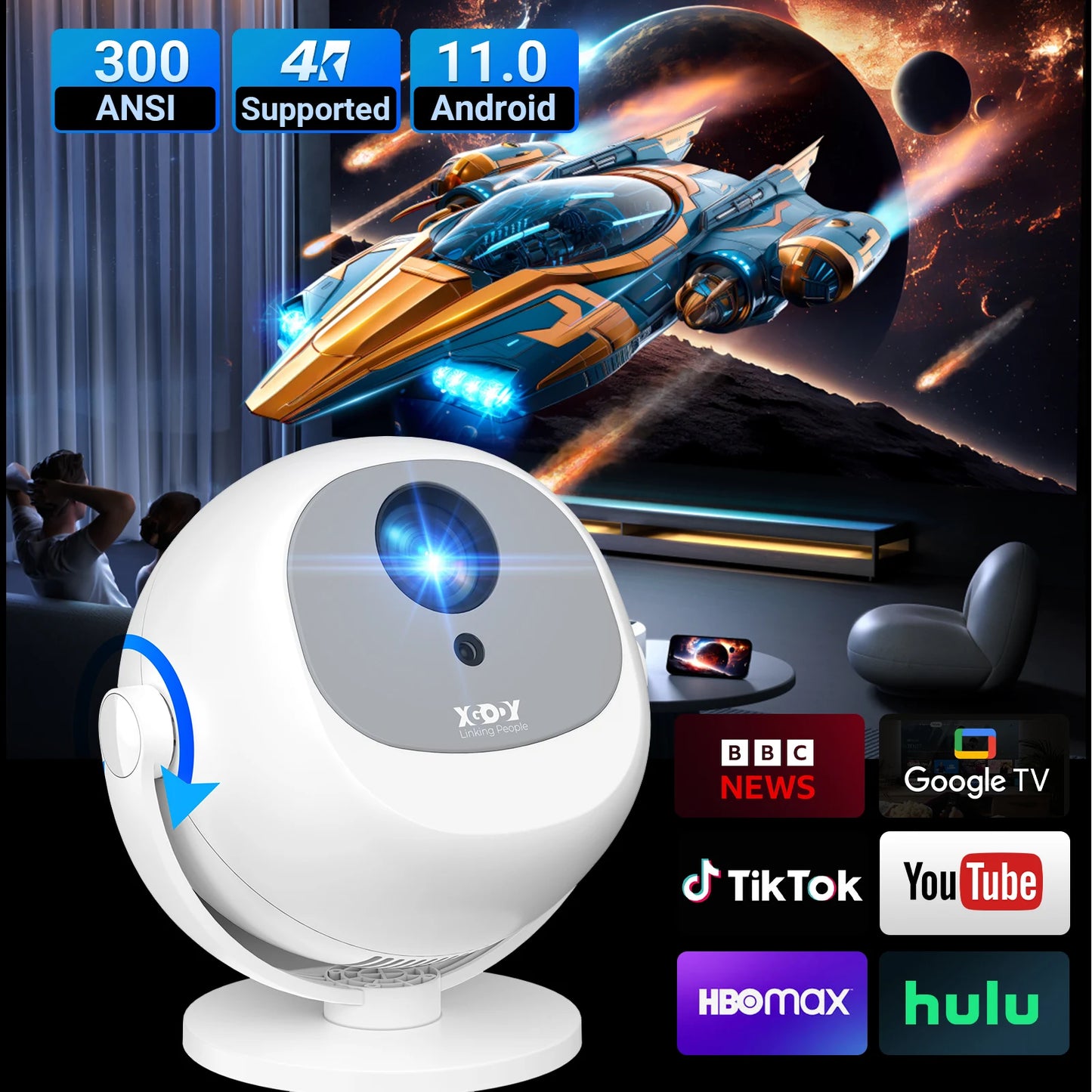 Electric Focus & Unique design 350 Ansi 4K Android Projector, WiFi, Bluetooth, Zoom Home Theater, Movie Projectors