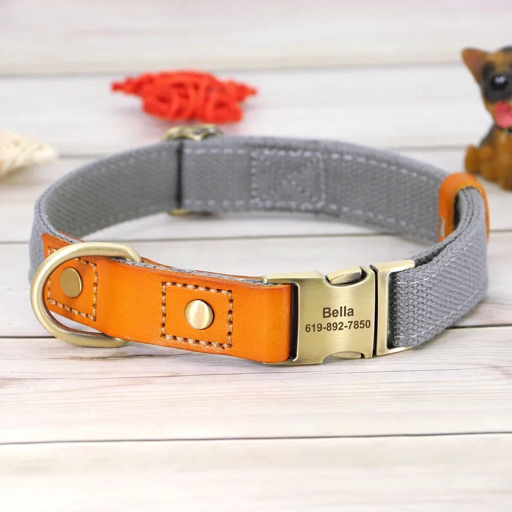 Nylon Custom Dog Collar and Leash Set, Nameplate ID Tag, Genuine Leather