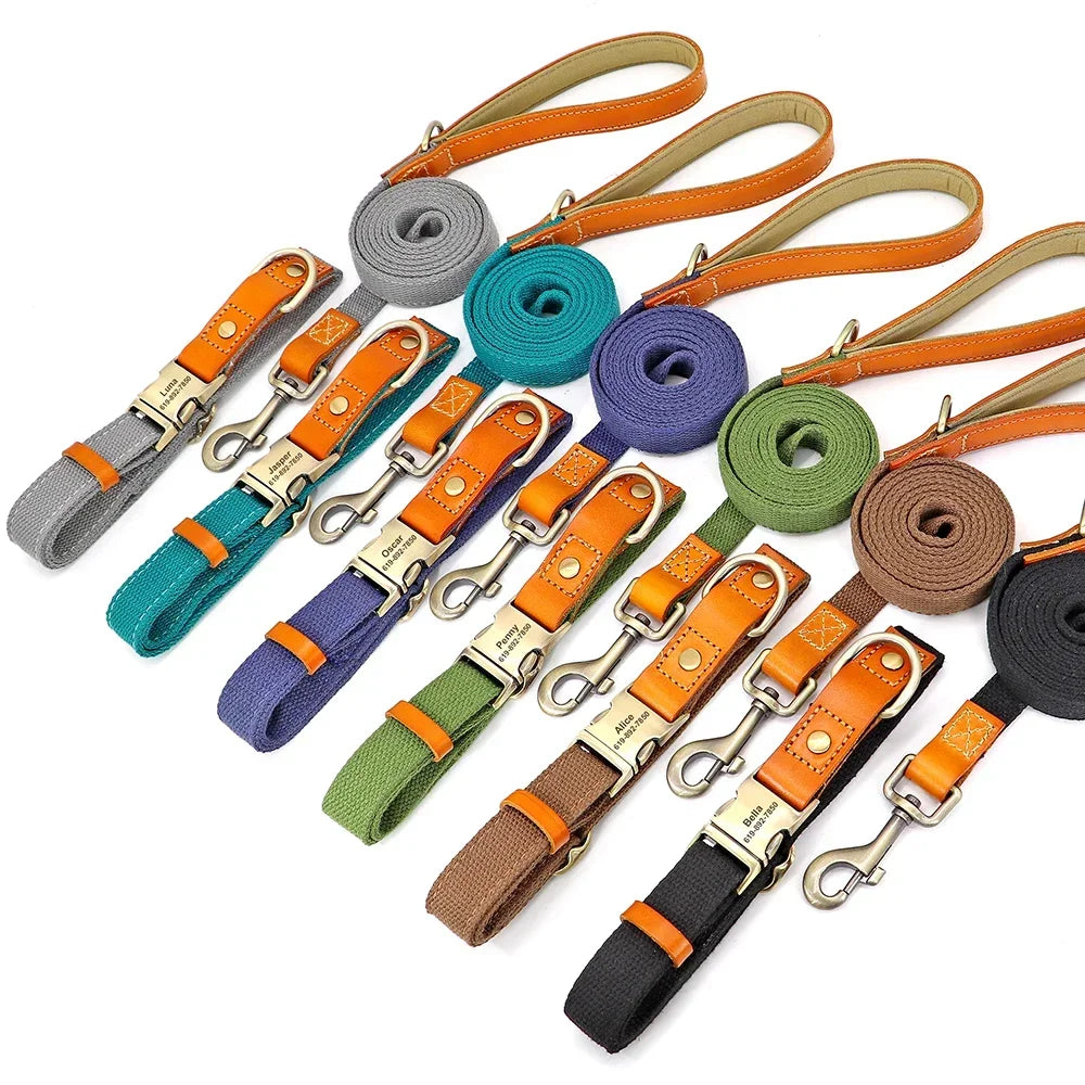 Nylon Custom Dog Collar and Leash Set, Nameplate ID Tag, Genuine Leather