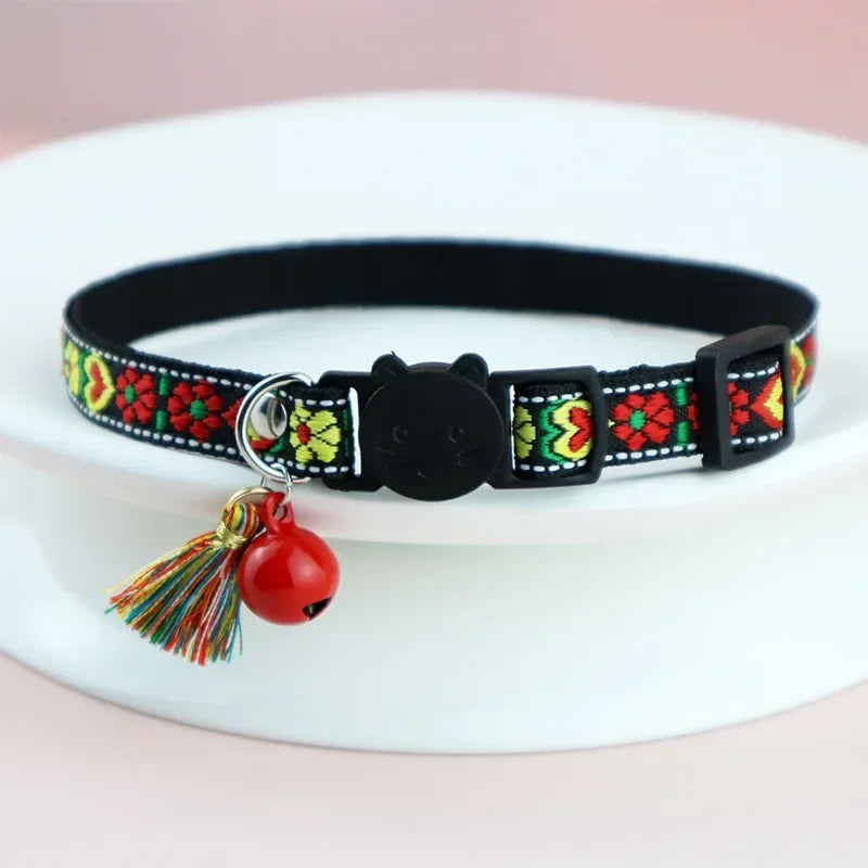 Adjustable Cat Collar, Tassels and Bells, Embellished, Colorful Plaid Jacquard Pattern, Cat and Dog