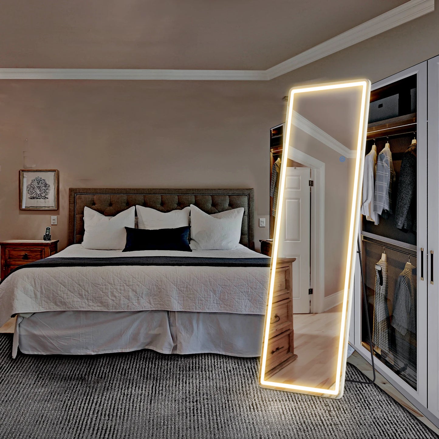 Full Length Standing or Wall-Mounted Mirror, Alloy Frame, Led, 64"x21"