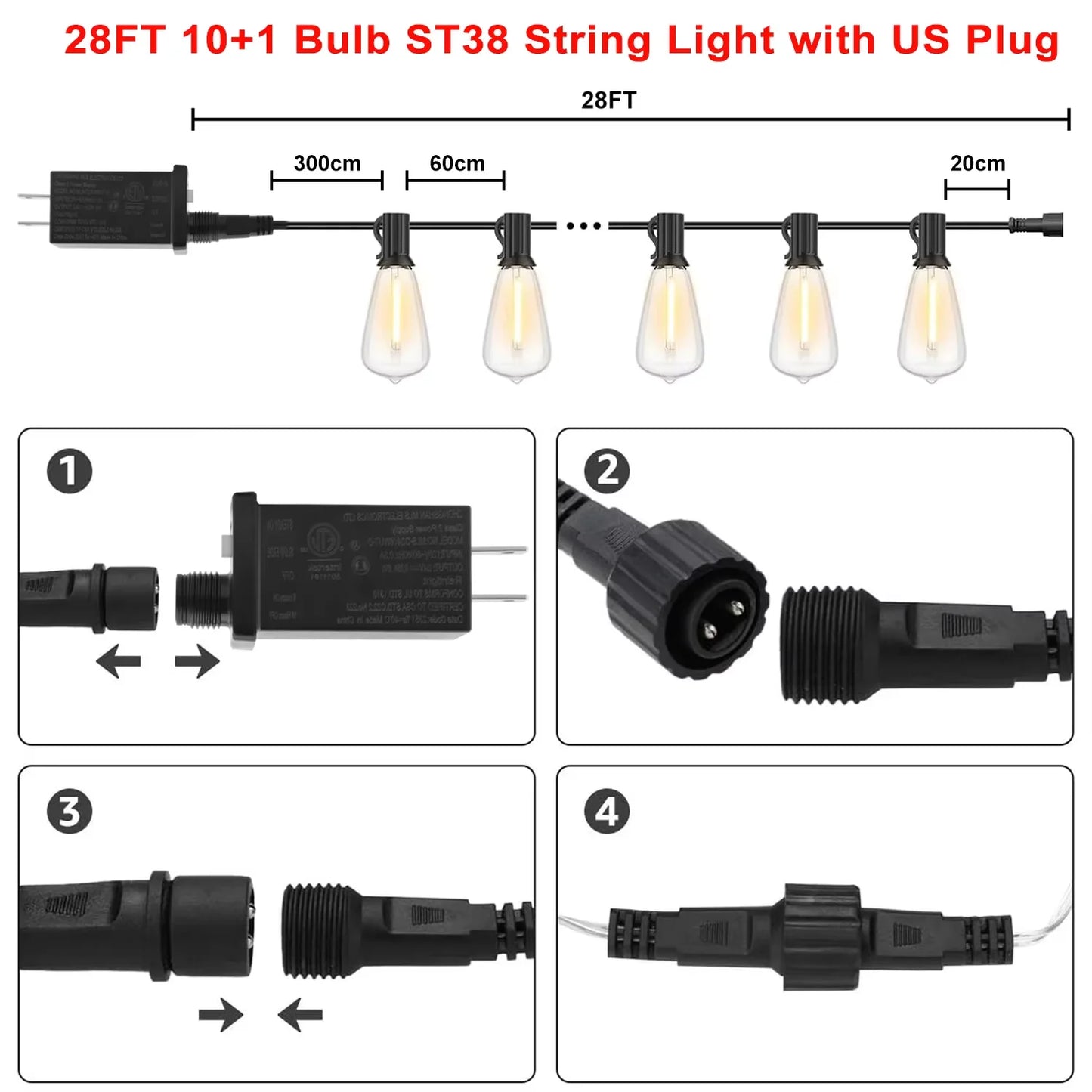 28ft Outdoor String Light 1/2/3/4PCS ST38 LED Bulb, Fairy Lights