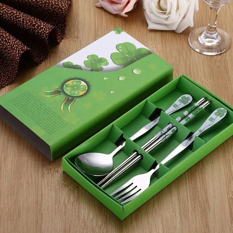 3PC Set of Red and White Porcelain Stainless Chopsticks Spoon Fork