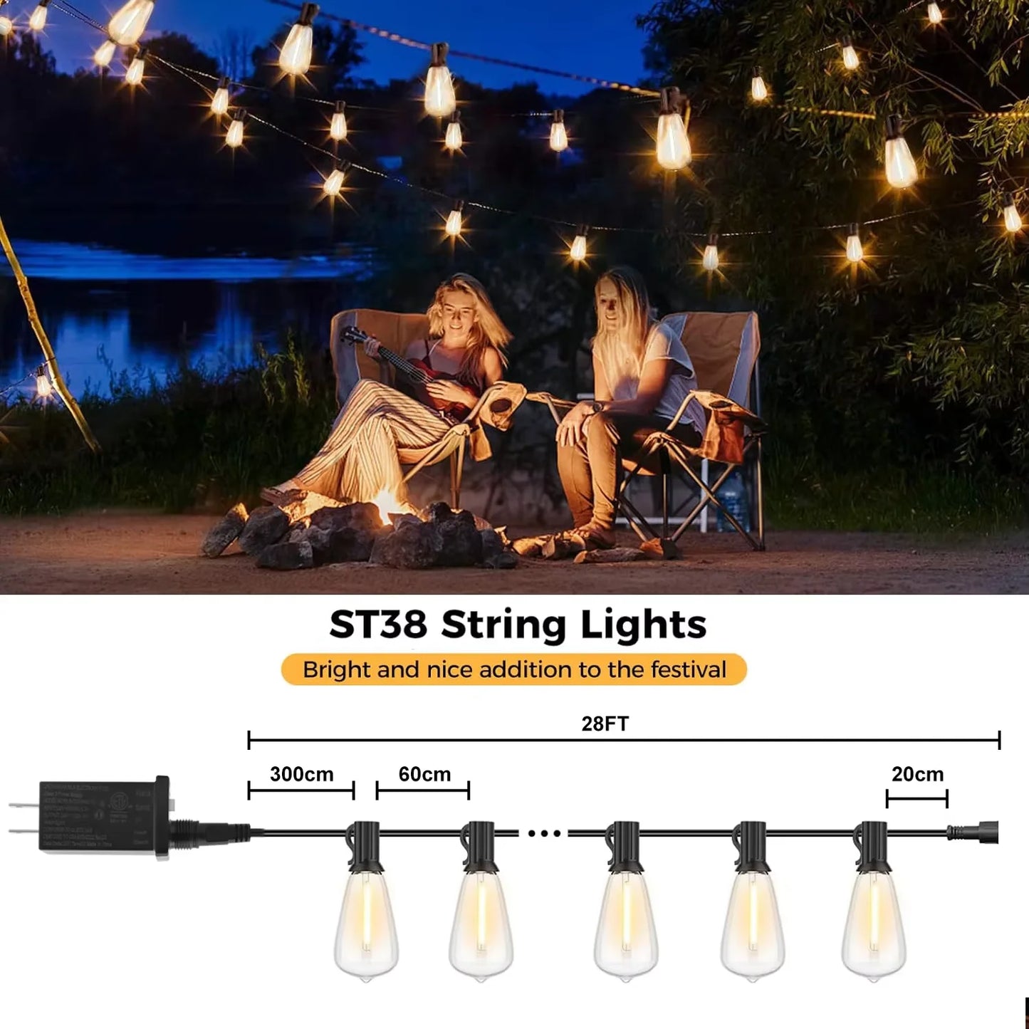 28ft Outdoor String Light 1/2/3/4PCS ST38 LED Bulb, Fairy Lights