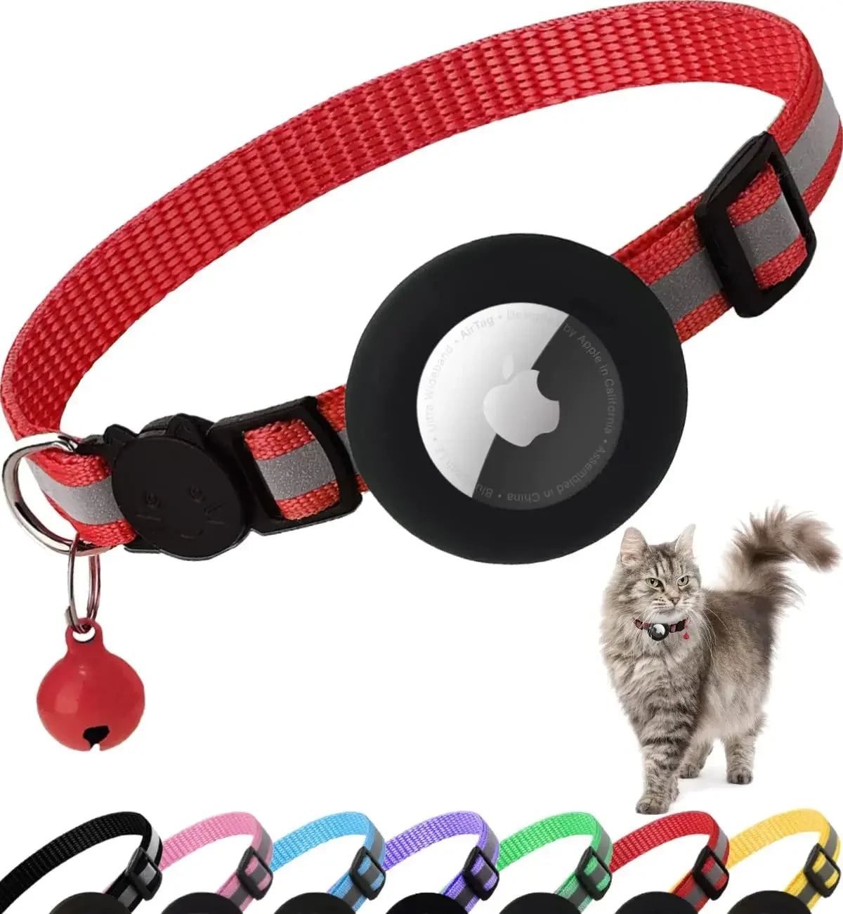 Pet Apple Airtag Cat Collar, Breakaway, Reflective, Air Tag Holder and Bell