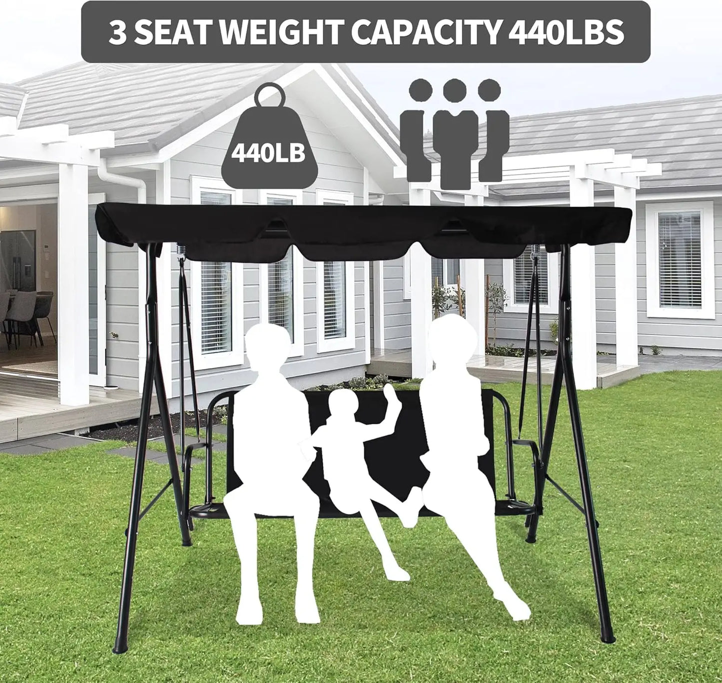 3-Seat Black Patio Swing Chair, Adjustable Canopy, Durable Steel Frame, Patio, Garden, Poolside