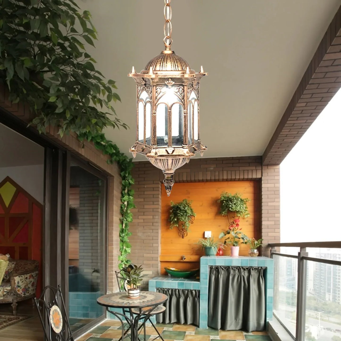 LED Waterproof Outdoor Hanging Light, Retro Chandelier, Bronze Color, Glass Lampshade