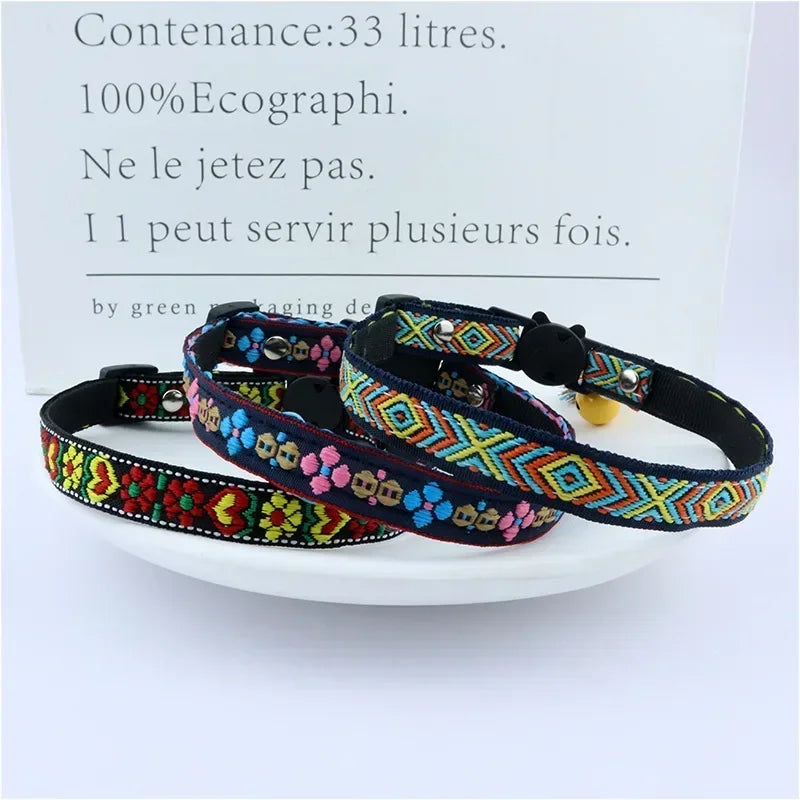 Adjustable Cat Collar, Tassels and Bells, Embellished, Colorful Plaid Jacquard Pattern, Cat and Dog