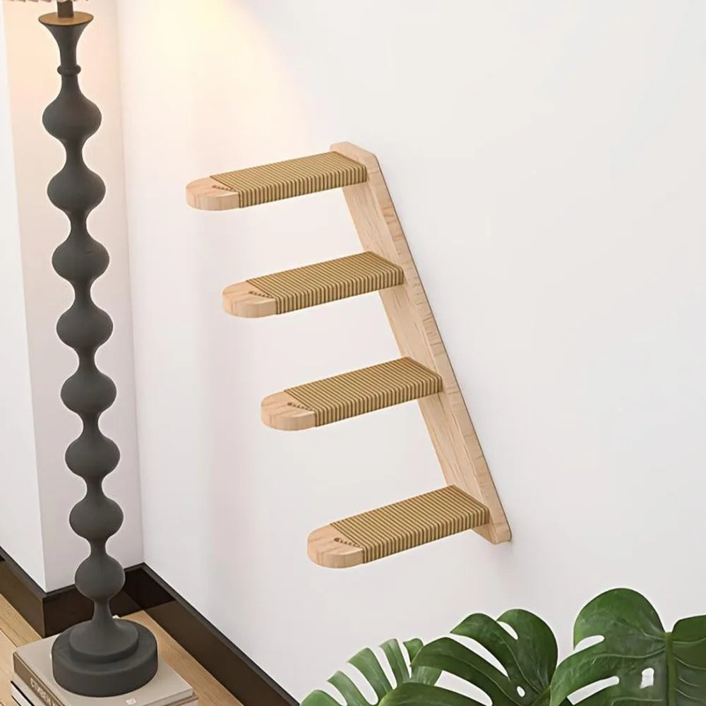 Four-Layer Wooden Ladder - Wall-Mounted Play For Cats, Natural Wood Rope