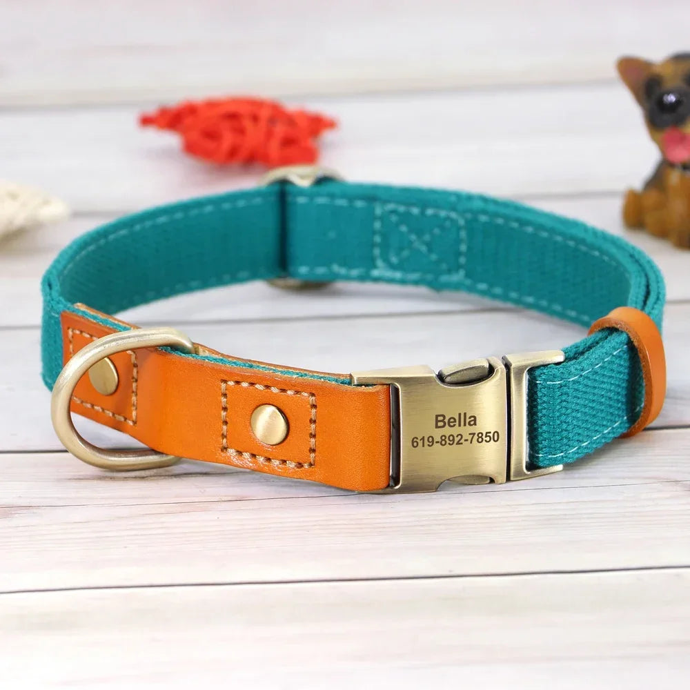 Nylon Custom Dog Collar and Leash Set, Nameplate ID Tag, Genuine Leather