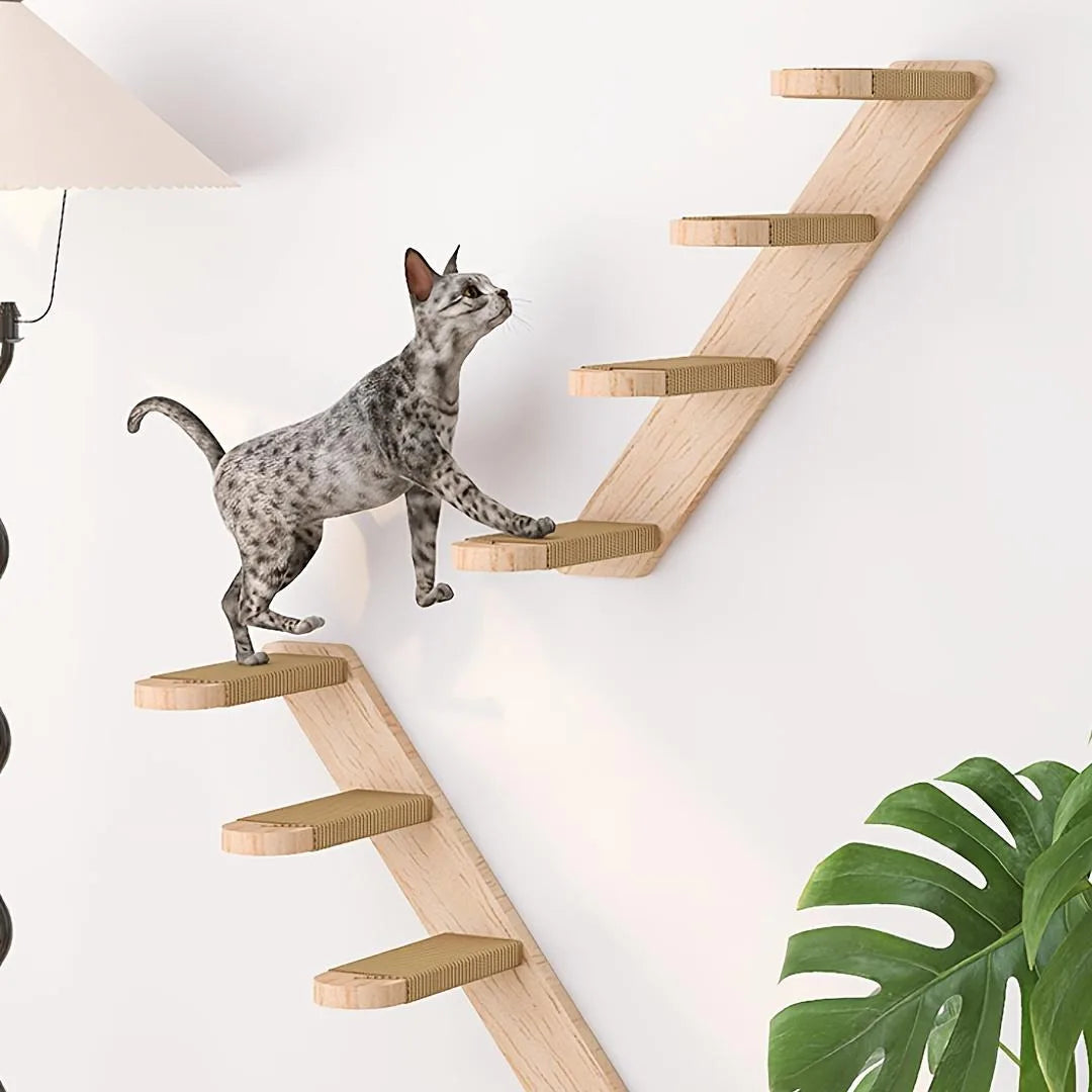 Four-Layer Wooden Ladder - Wall-Mounted Play For Cats, Natural Wood Rope