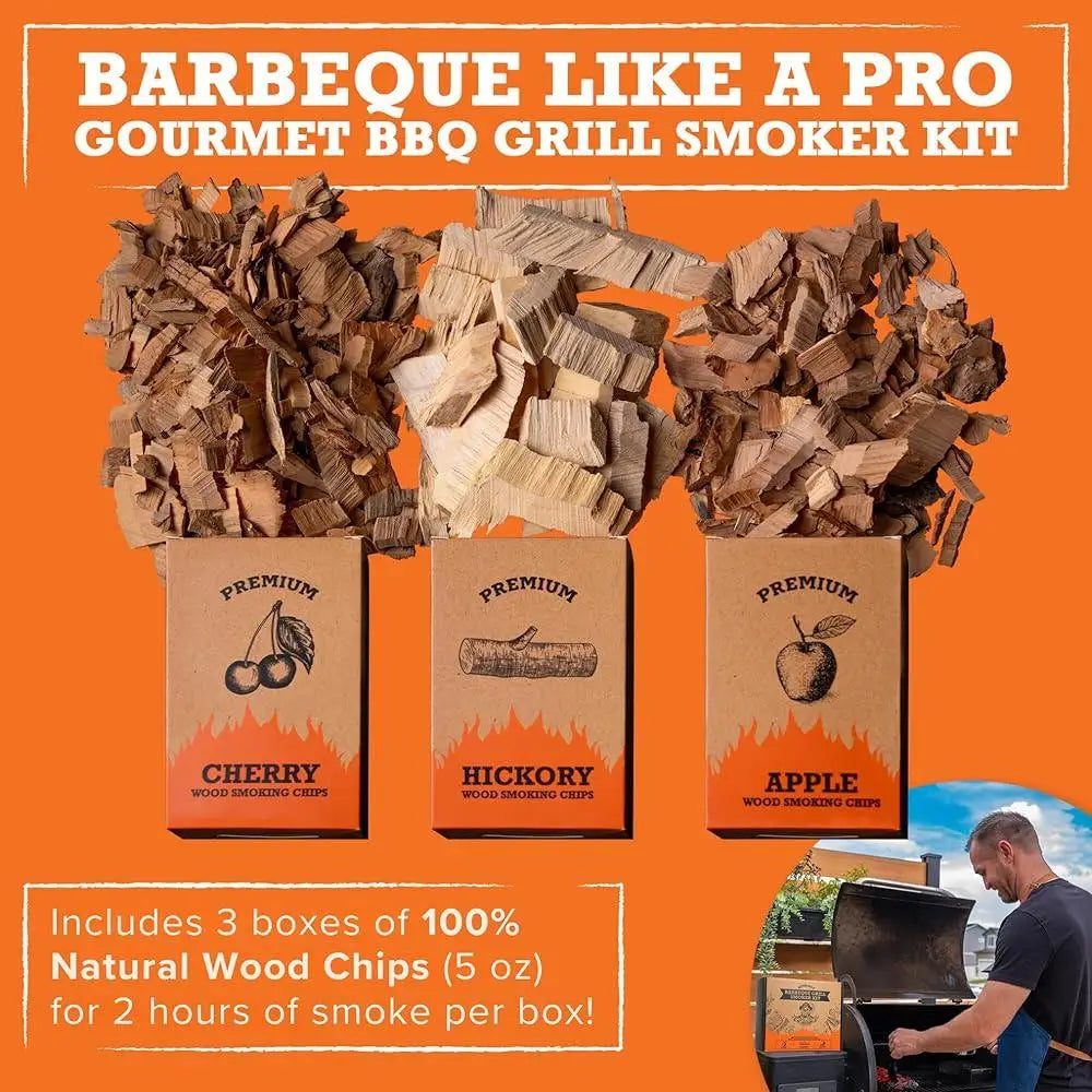 Wood Smoked BBQ Grill Set, 12 Pcs Smoker Box Grill Accessories, Stainless Steel, Meat Thermometer and Chips