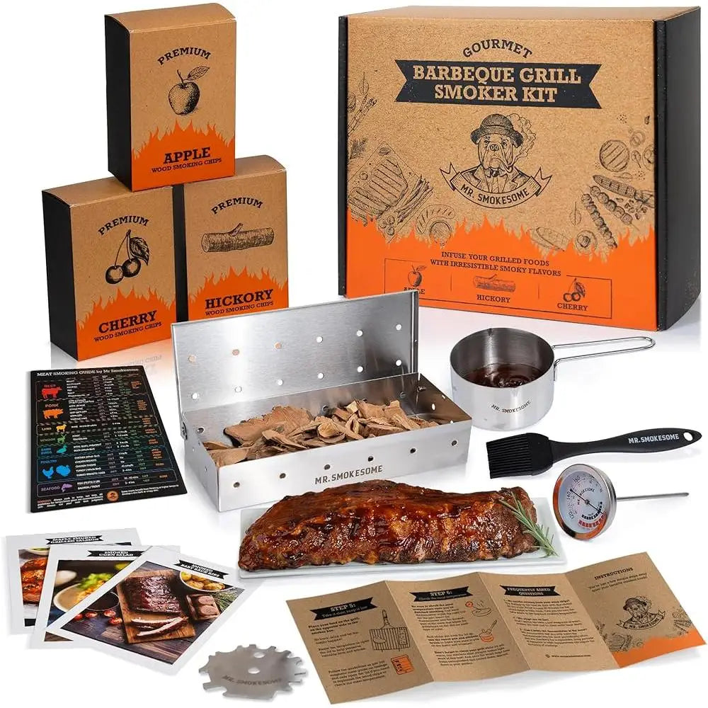 Wood Smoked BBQ Grill Set, 12 Pcs Smoker Box Grill Accessories, Stainless Steel, Meat Thermometer and Chips