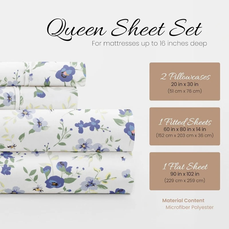 4-Piece Queen Sheet Set (Light Blue Floral) - Ultra-Soft & Cooling