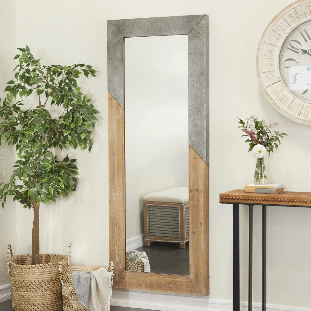 Rustic Farmhouse Rectangular Wall Mirror with Metal Accents, 28x71 Inches