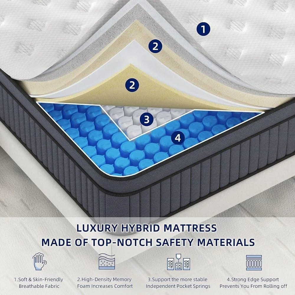 14 Inch Medium Firm Queen Mattress ,Hybrid with Gel Memory Foam, Pocket Springs, Durable