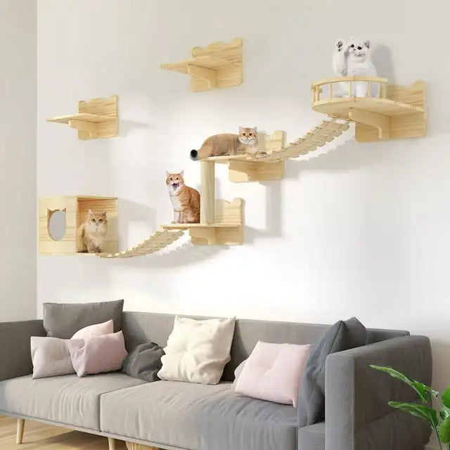 9PCS Wall-Mounted Wood Cat Climber Set