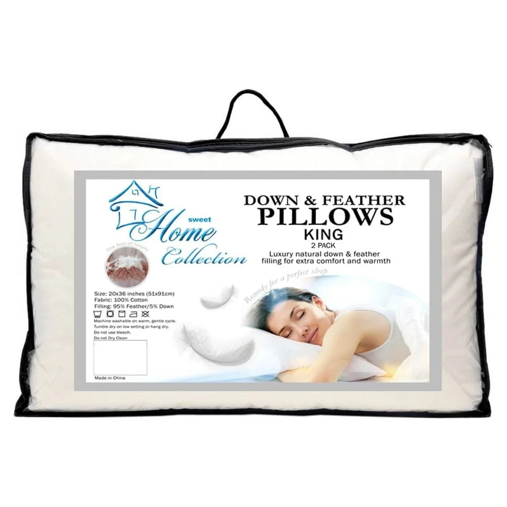 Luxury Down Feather Bed Pillows, 2 Pack, Soft, Supportive, Cotton Cover