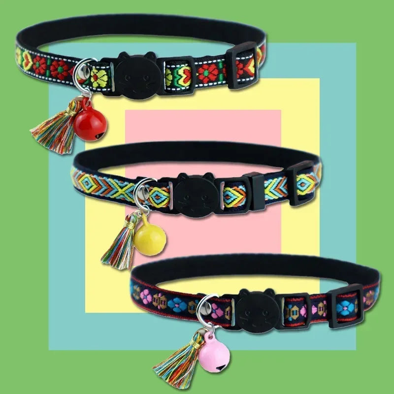 Adjustable Cat Collar, Tassels and Bells, Embellished, Colorful Plaid Jacquard Pattern, Cat and Dog