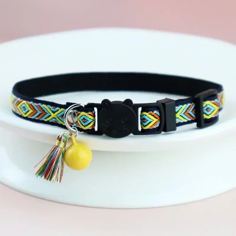 Adjustable Cat Collar, Tassels and Bells, Embellished, Colorful Plaid Jacquard Pattern, Cat and Dog