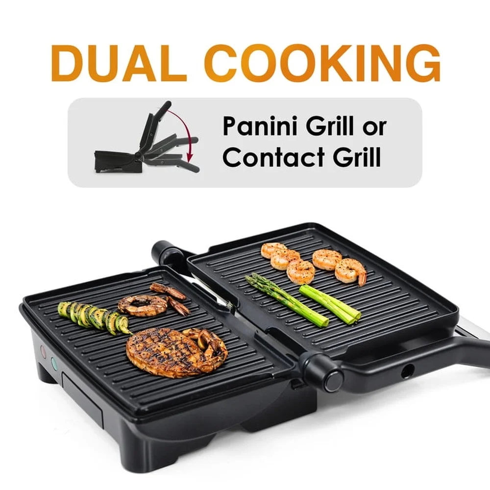 3-in-1 Panini Press Electric Grill, Non-Stick Cooking Surface, Flat Griddle, Grease Drawer, Cool-Touch Handle Kitchen