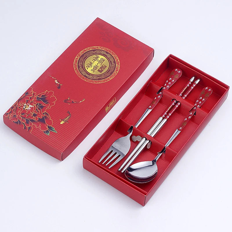 3PC Set of Red and White Porcelain Stainless Chopsticks Spoon Fork