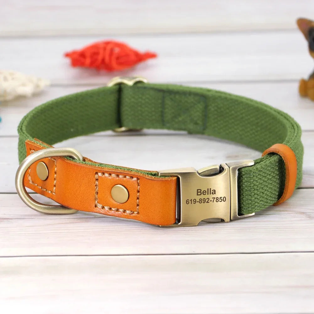 Nylon Custom Dog Collar and Leash Set, Nameplate ID Tag, Genuine Leather
